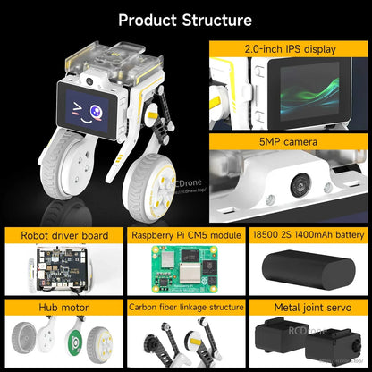 Rider-Pi Raspberry Pi CM5 robot structure diagram showing IPS display, 5MP camera, driver board, battery and servo