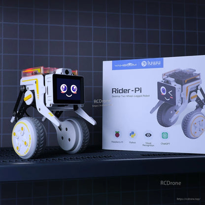 Rider-Pi robot next to retail box packaging with product name and icons