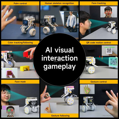 AI visual interaction gameplay collage showing gesture control, color tracking, QR code motion control, face tracking