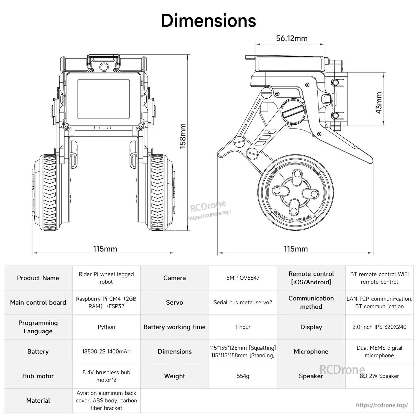 Rider-Pi robot dimensions drawing with size measurements and specification table
