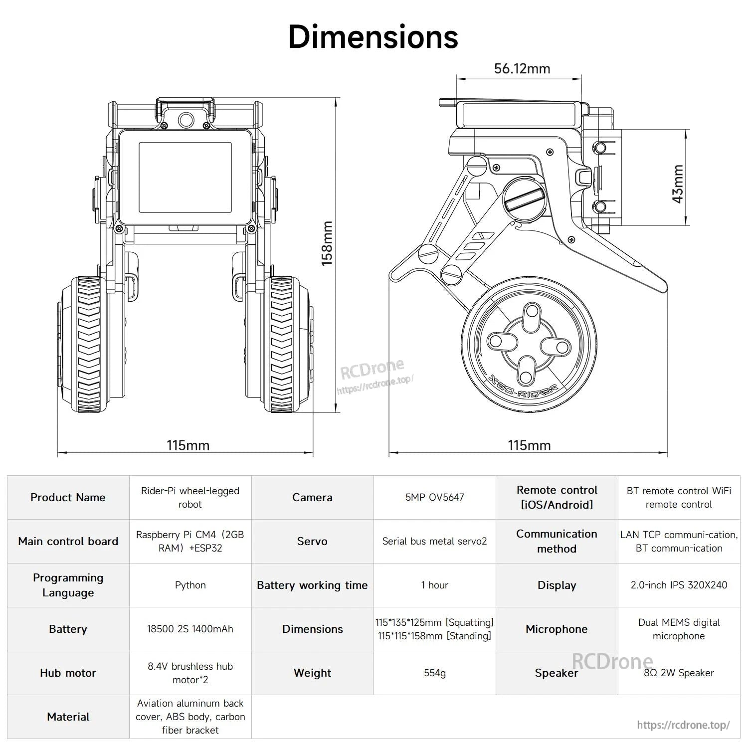 Rider-Pi robot dimensions drawing with size measurements and specification table