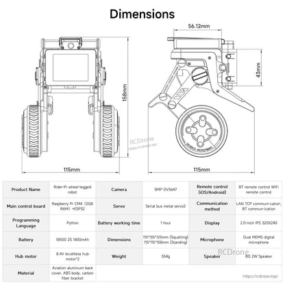 Rider-Pi robot dimensions drawing with size measurements and specification table