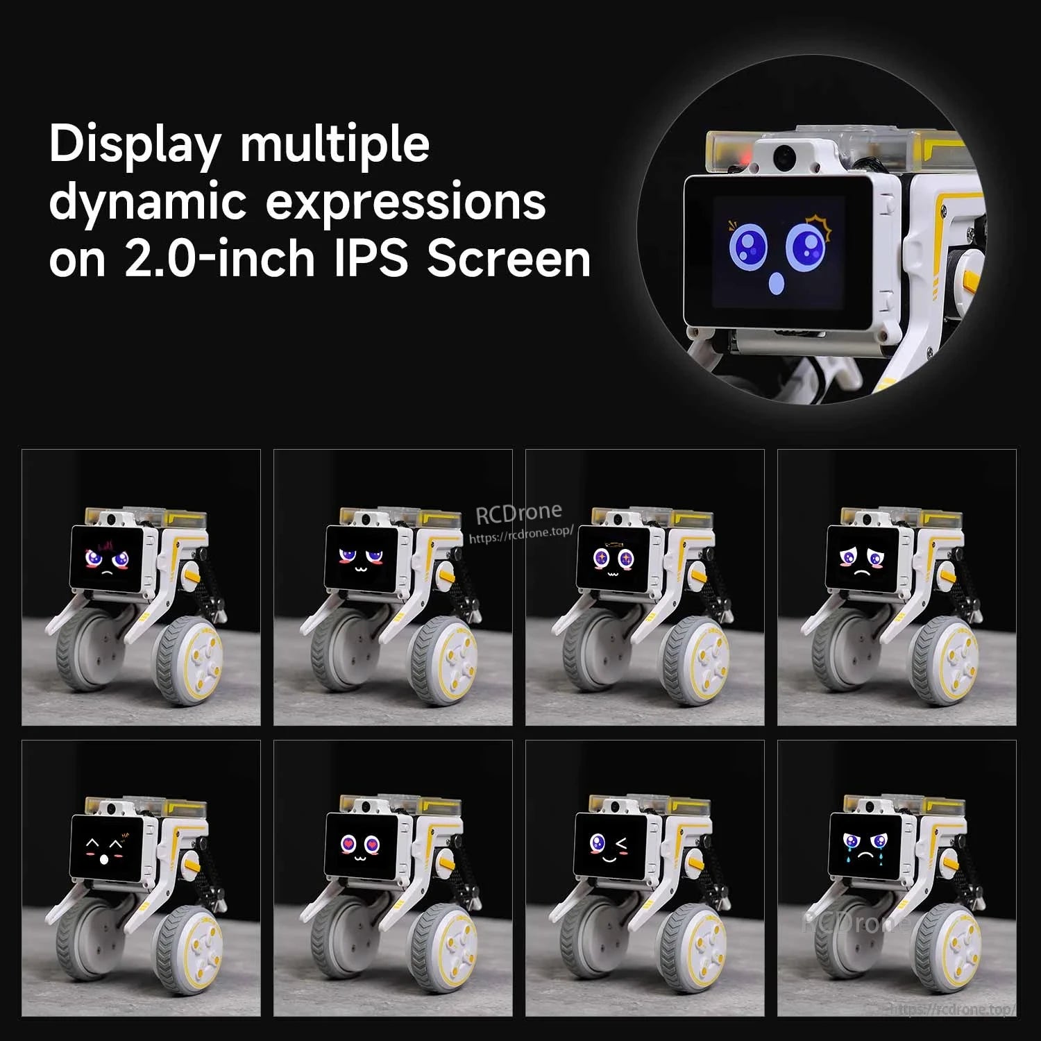 2.0-inch IPS screen dynamic expressions feature graphic with multiple face animations on the robot display