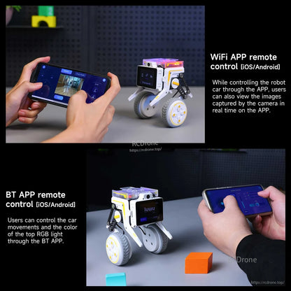 WiFi and Bluetooth app remote control demo with smartphone controlling the robot and viewing camera feed