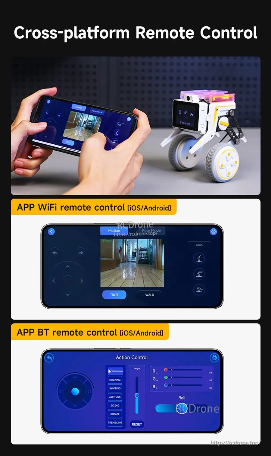 Cross-platform remote control via iOS/Android app using WiFi and Bluetooth with live camera view controls