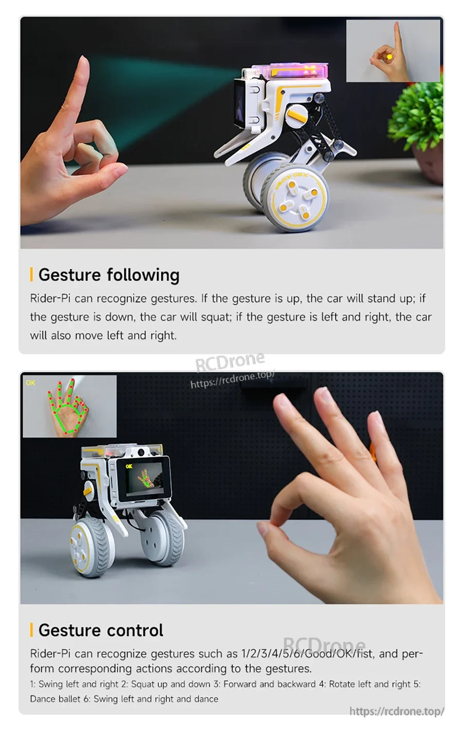 Hand gesture following and gesture control demos with programmable actions for Rider-Pi robot