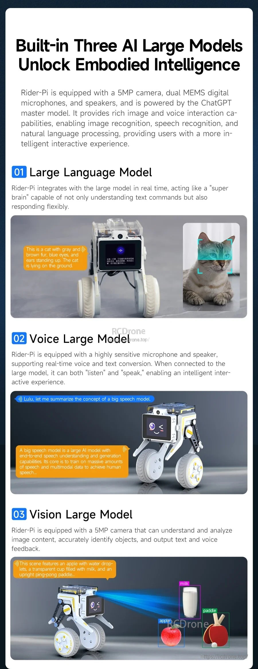 Embedded AI large-model capabilities with microphone, speaker, and camera for voice and vision interaction