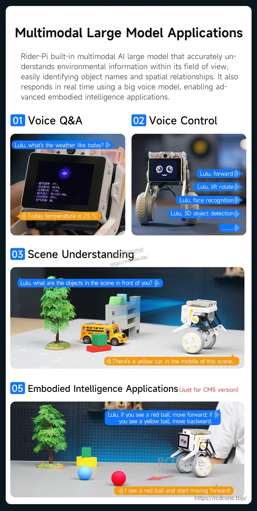 Large-model application examples including voice Q&A, voice control, scene understanding, and embodied intelligence