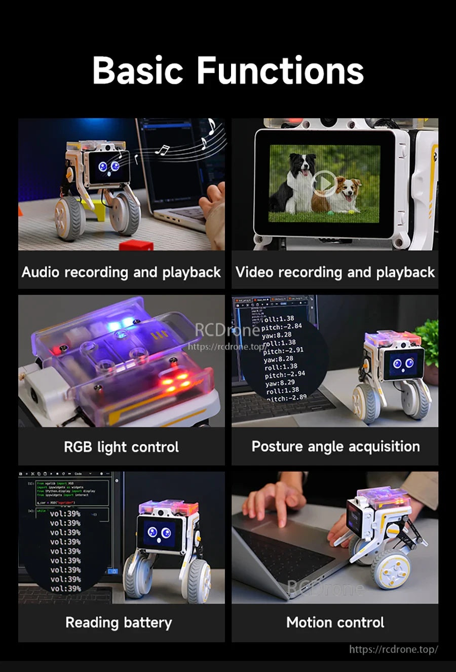 Basic function grid: audio/video recording, RGB light control, posture angle reading, battery status, and motion control