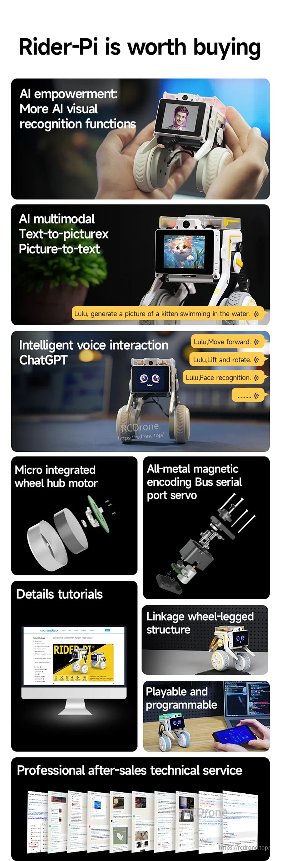 Feature overview collage highlighting AI functions, wheel hub motor, bus servo, linkage structure, and tutorials