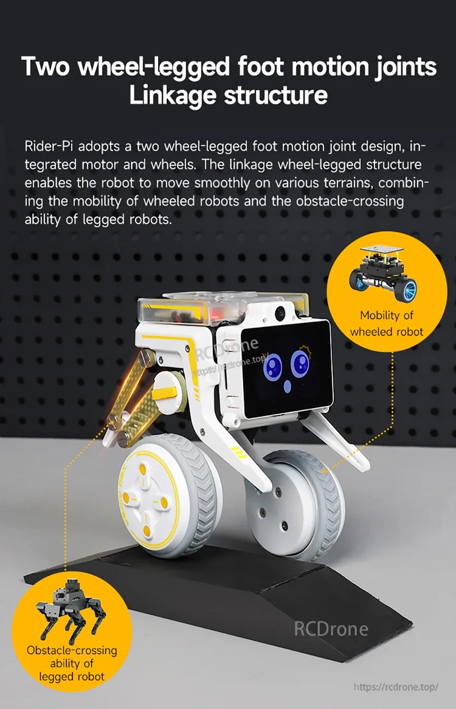 Rider-Pi two wheel-legged robot with linkage structure, twin wheels and front display module on a black base