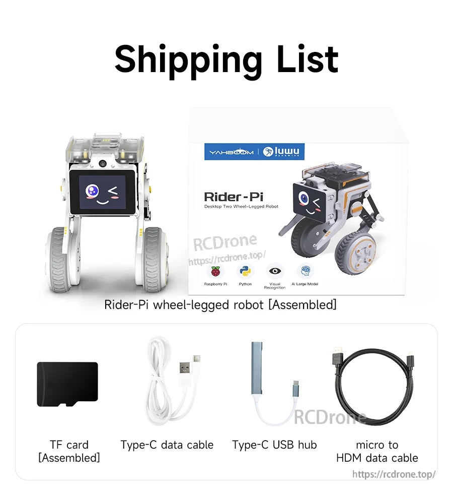 Shipping list for Rider-Pi wheel-legged robot kit with assembled robot, TF card, USB-C cable, USB-C hub, and micro HDMI cable
