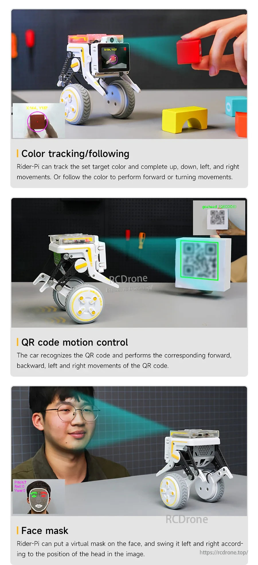 Color tracking and following, QR code motion control, and face mask detection demo screens for Rider-Pi