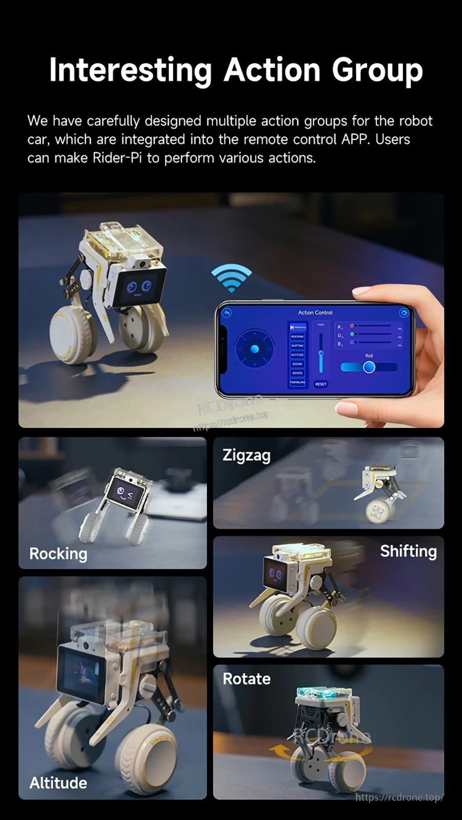 Action group remote control app UI with Zigzag, Rocking, Shifting, Rotate, and Altitude movements