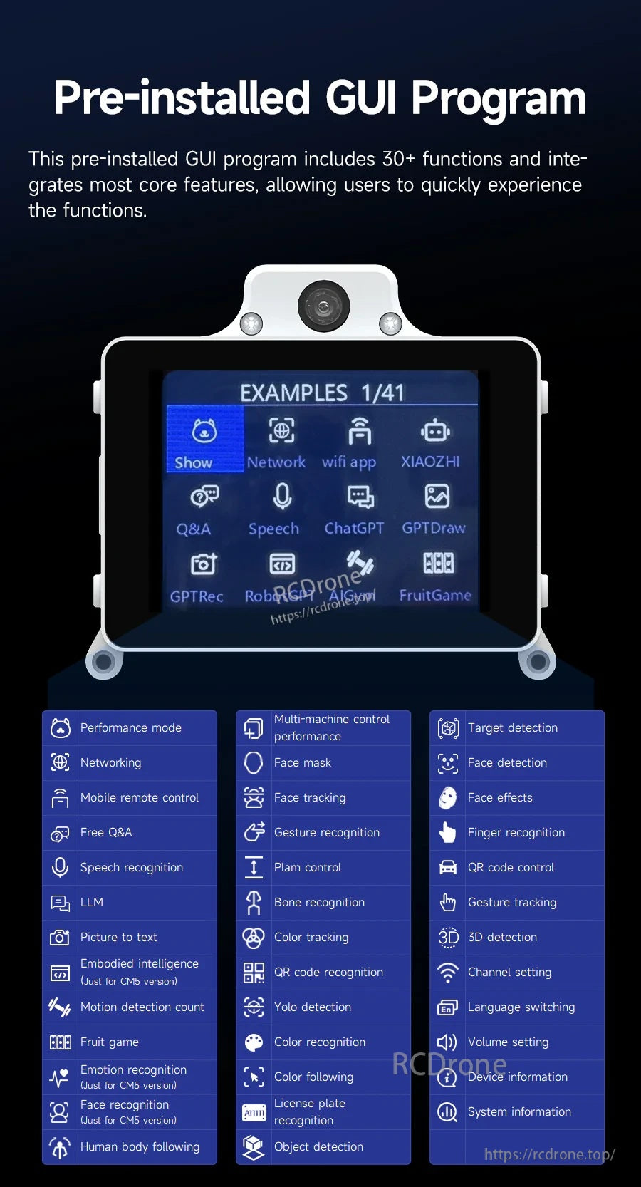 Pre-installed GUI program menu showing 30+ built-in functions and examples on Rider-Pi screen interface