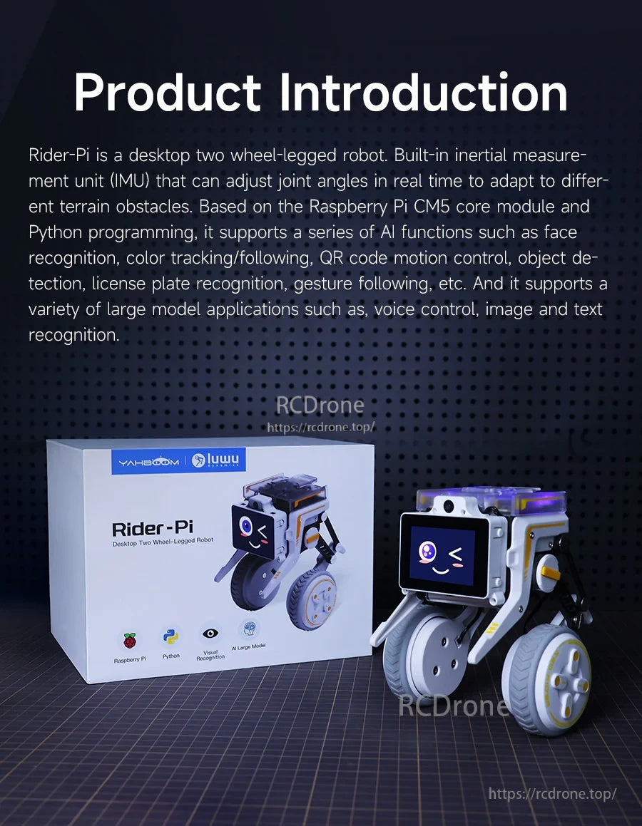 Rider-Pi robot kit with retail box, Raspberry Pi CM5-based two wheel-legged desktop robot and screen face display