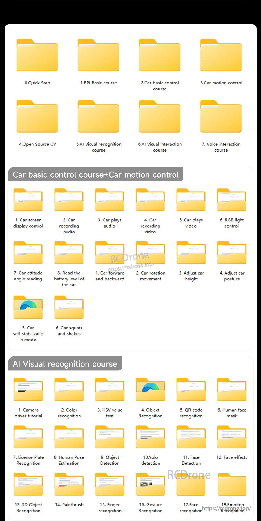 Course folder list for Rider-Pi CM5 robot, including Quick Start, RPi basics, car control, AI vision, and voice modules