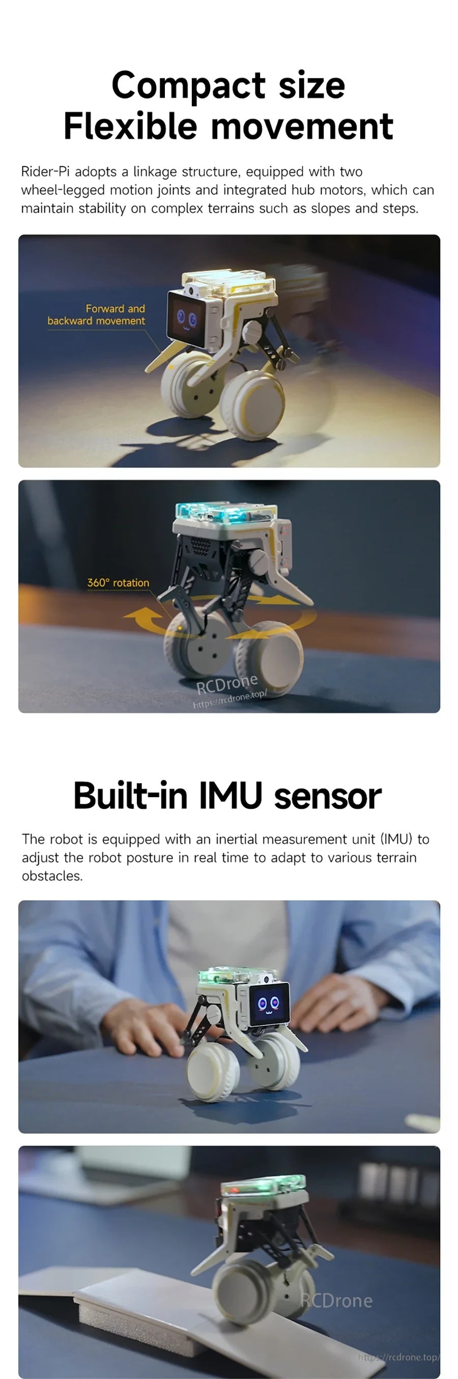 Wheel-legged linkage structure and built-in IMU stabilization for flexible movement on slopes and small steps