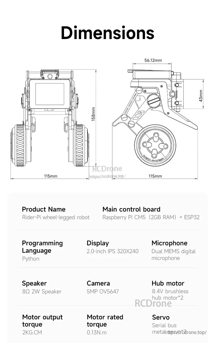 Rider-Pi wheel-legged robot dimensions and key specs, with Raspberry Pi CM5+ESP32 control board and 2.0in IPS display
