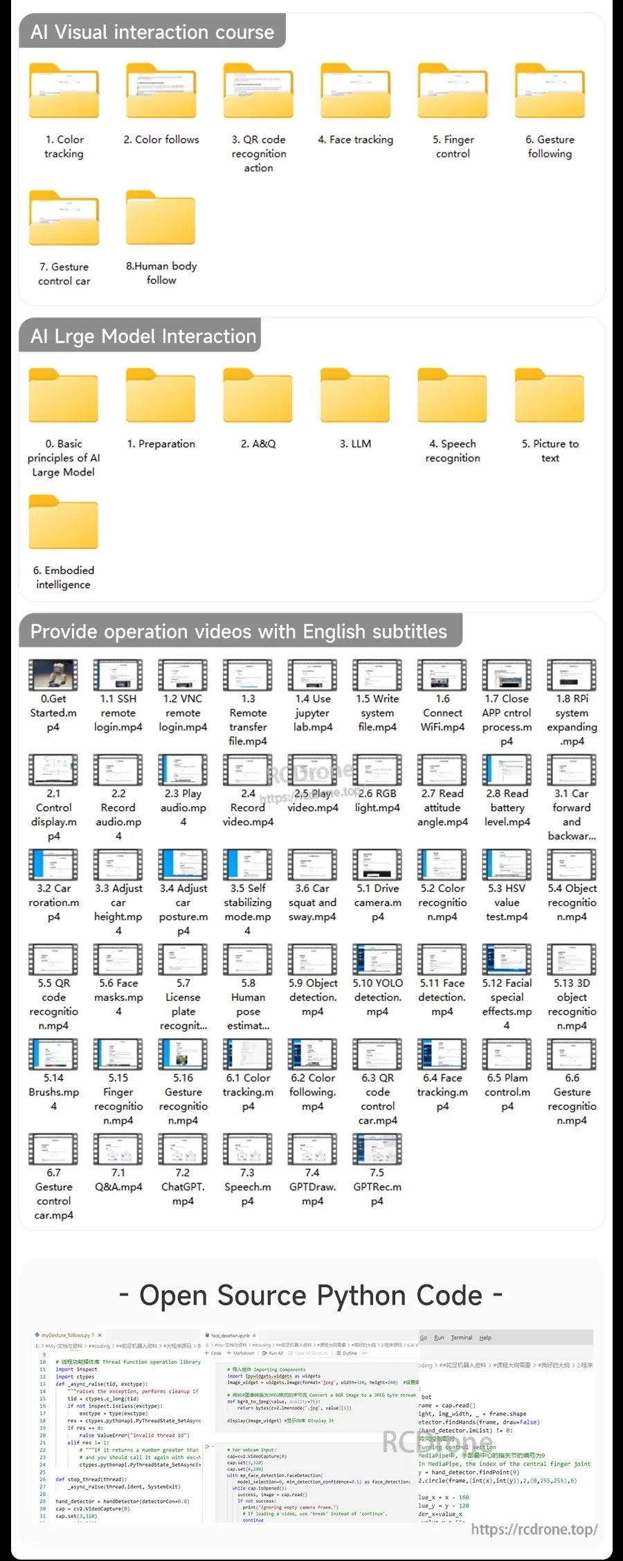 Rider-Pi CM5 robot learning resources poster listing AI interaction courses, English subtitles, and open-source Python code