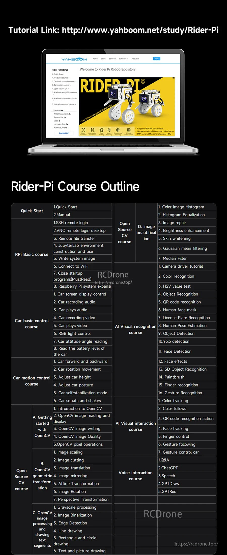 Rider-Pi course outline and study link covering programming, vision recognition topics, and project modules