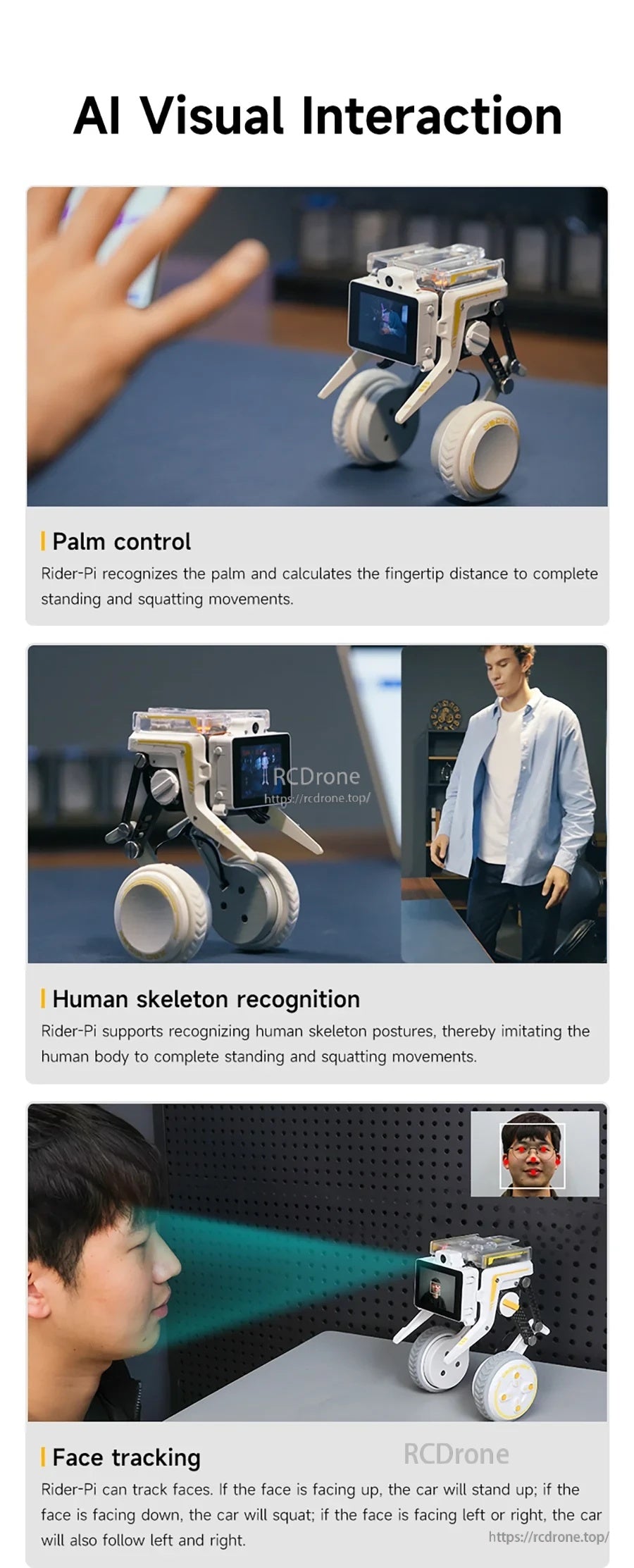 AI visual interaction examples: palm control, human skeleton recognition, and face tracking with Rider-Pi robot