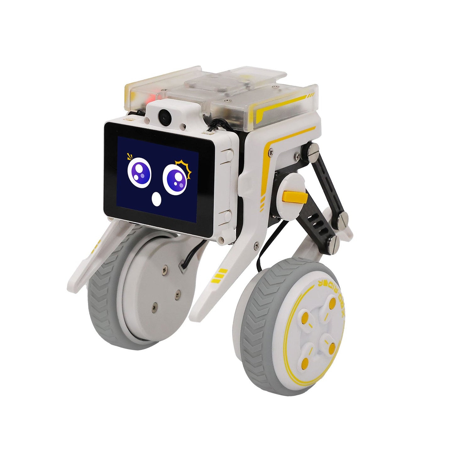 Rider-Pi Raspberry Pi CM5 two wheel-legged robot with 2-inch screen face, front three-quarter view