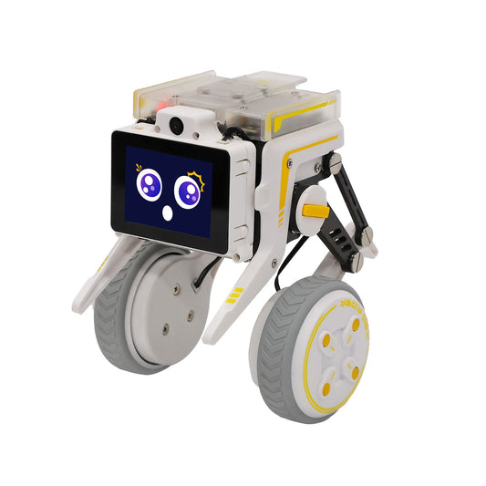 Rider-Pi Raspberry Pi CM5 two wheel-legged robot with 2-inch screen face, front three-quarter view