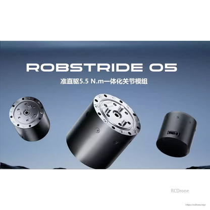 The RobStride 05 QDD actuator module delivers 5.5 N·m torque, 7.75:1 ratio, 48V operation, dual encoders, 191g weight, and FOC control.