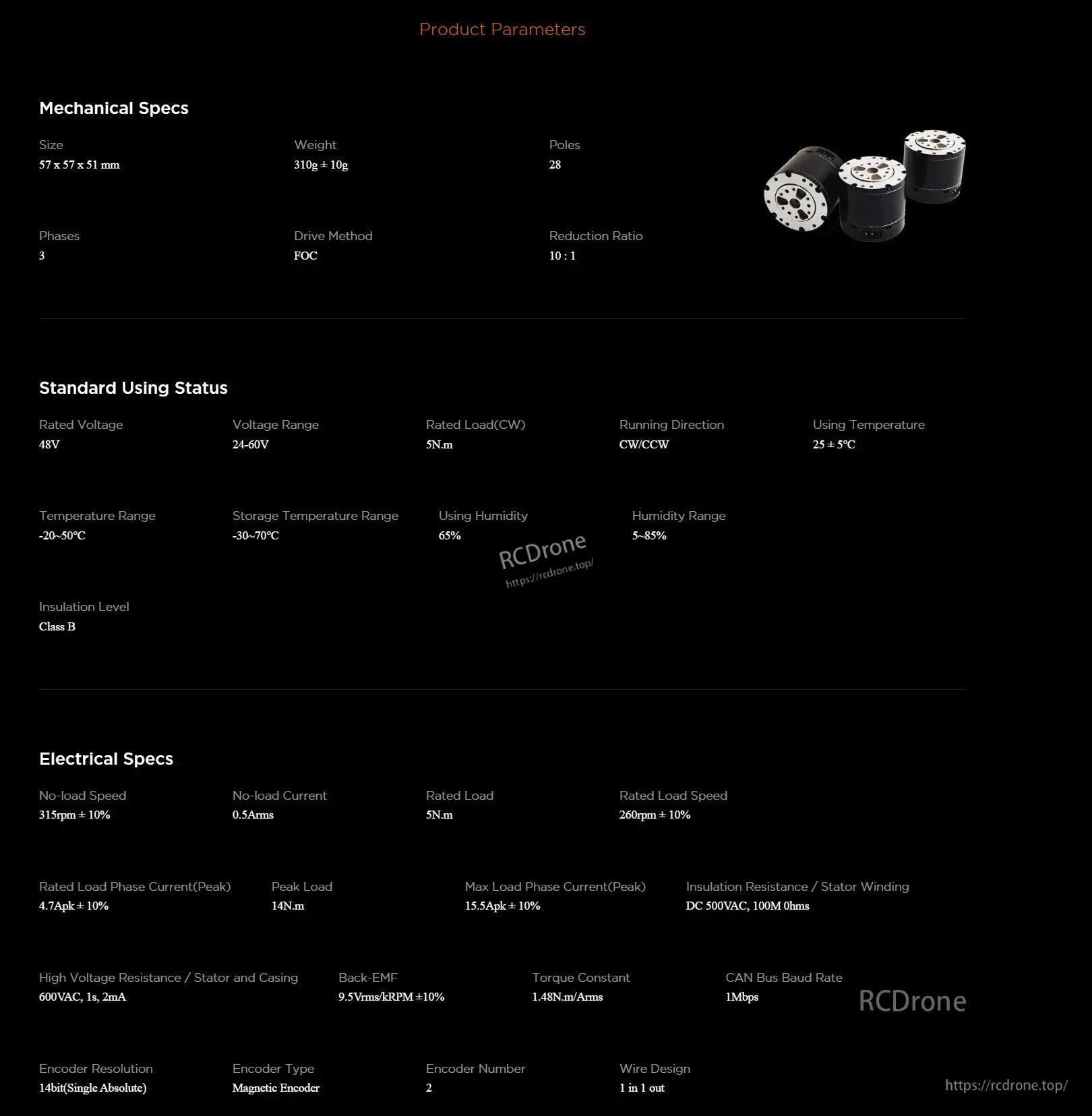 RobStride QDD Motor: Compact 57x57x51 mm, 310g, 28-pole, 3-phase, FOC drive, 10:1 reduction. Operates at 48V (24-60V), 5Nm load, -20 to 50°C, 65% humidity. 315rpm no-load, 260rpm rated, 4.7A peak, CAN bus.
