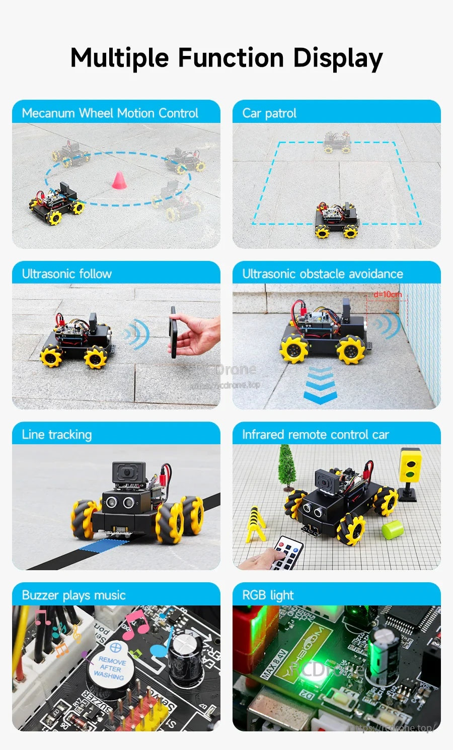 Feature collage showing line tracking, ultrasonic follow/avoid, infrared remote control, RGB lights, and buzzer