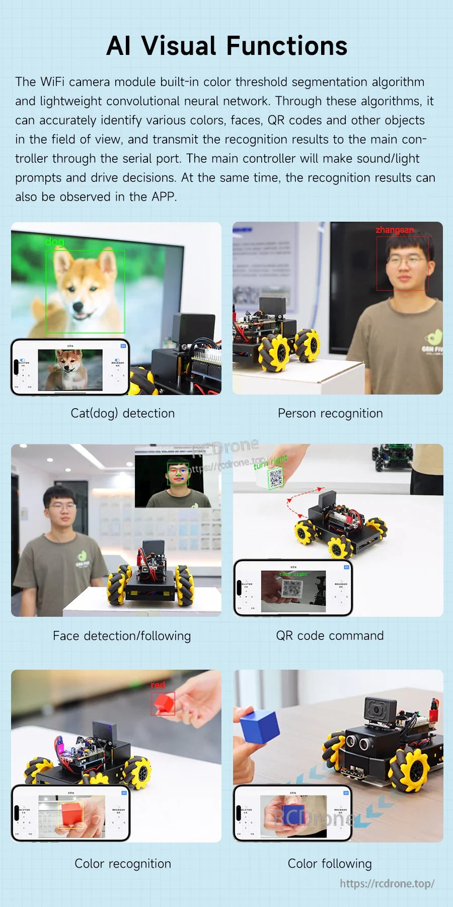 AI visual functions demo: color recognition/following, QR code commands, and person/face detection on ESP32 cam
