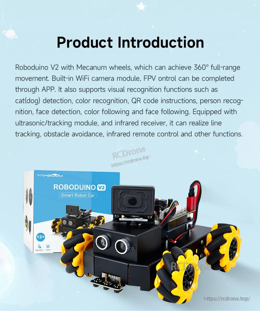 Roboduino V2 smart robot car kit with product box, ESP32 camera module, and omnidirectional wheels