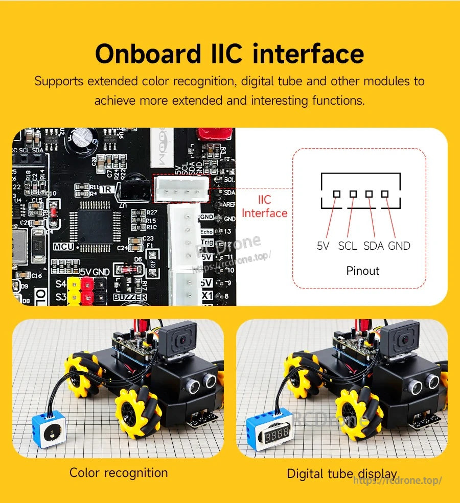 Onboard IIC interface pinout (5V, SCL, SDA, GND) for adding color recognition or digital tube display modules