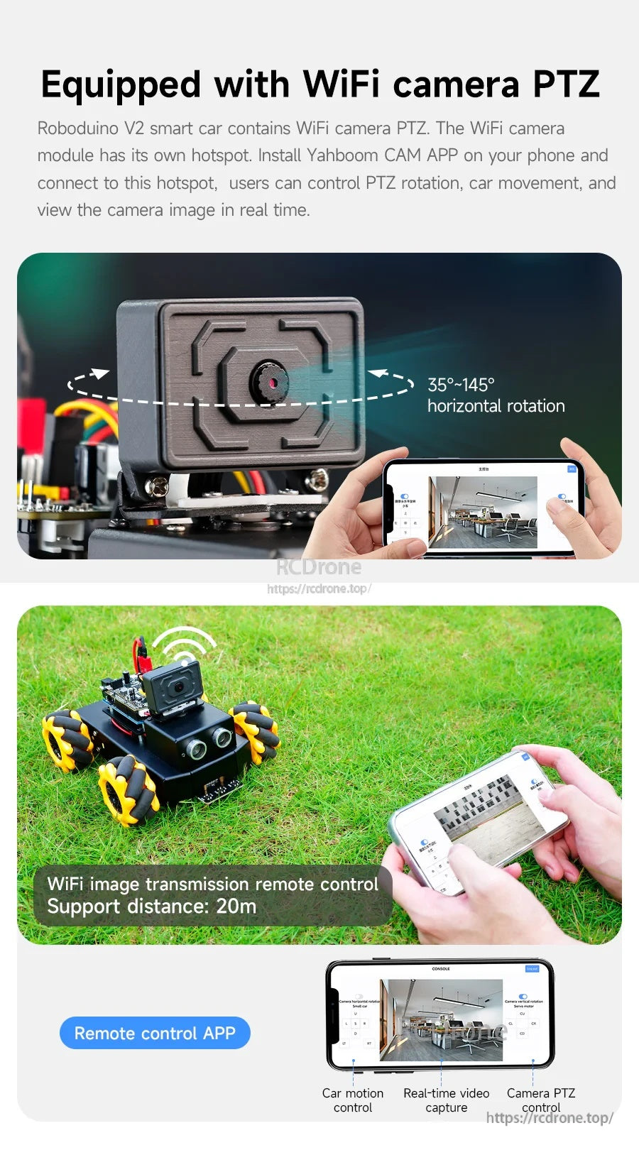 ESP32 WiFi camera pan-tilt control with mobile app live video and remote driving (up to 20 m)