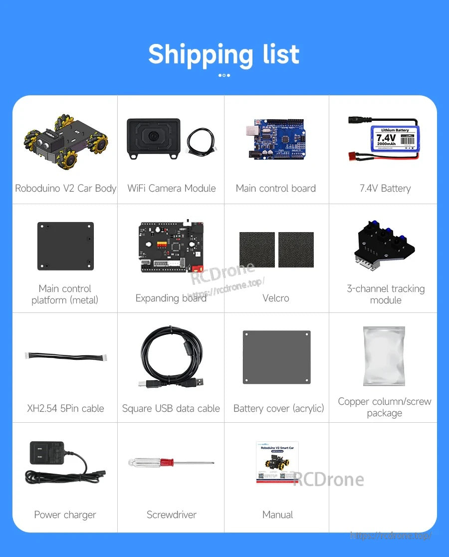 Shipping list showing included robot car body, ESP32 WiFi camera, boards, battery, tools, cables, and modules