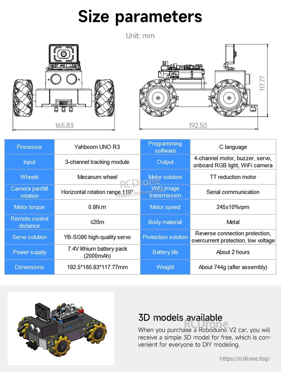 Roboduino V2 size parameters diagram with dimensions and key specifications table