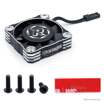 Silver-and-black Rocket-RC cooling fan with mounting screws and red adhesive pad