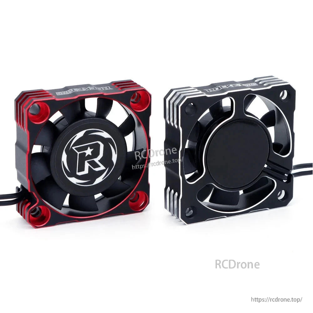 Rocket-RC aluminum RC cooling fan shown from front and rear in red-and-black and silver-and-black