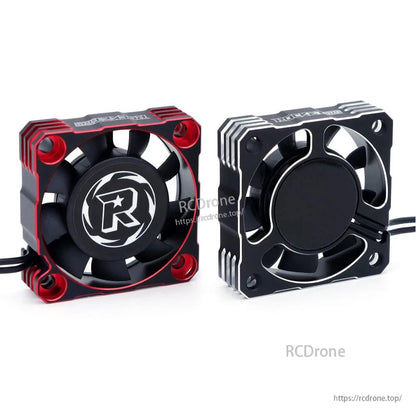 Rocket-RC aluminum RC cooling fan shown from front and rear in red-and-black and silver-and-black