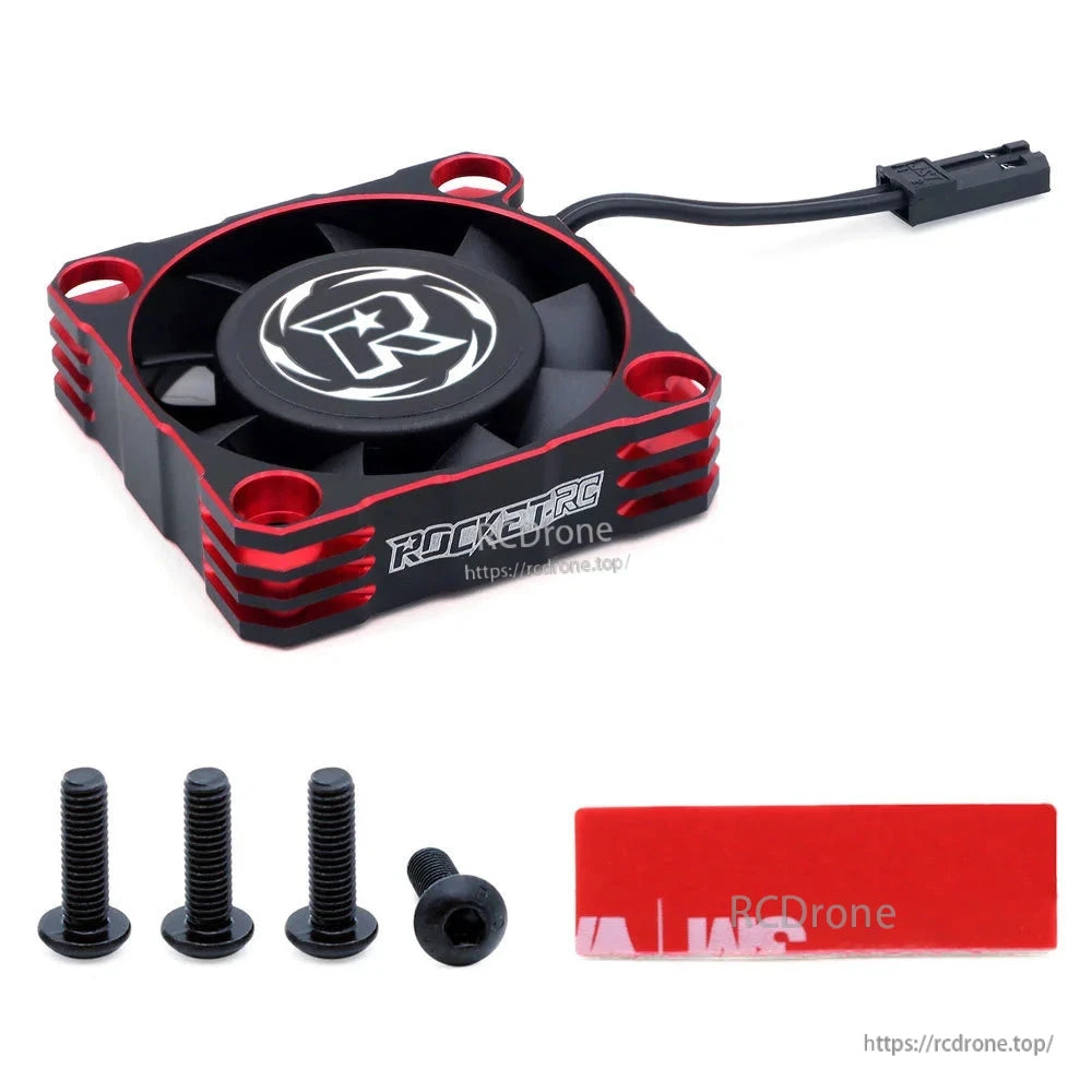 Red-and-black Rocket-RC cooling fan with mounting screws and red adhesive pad