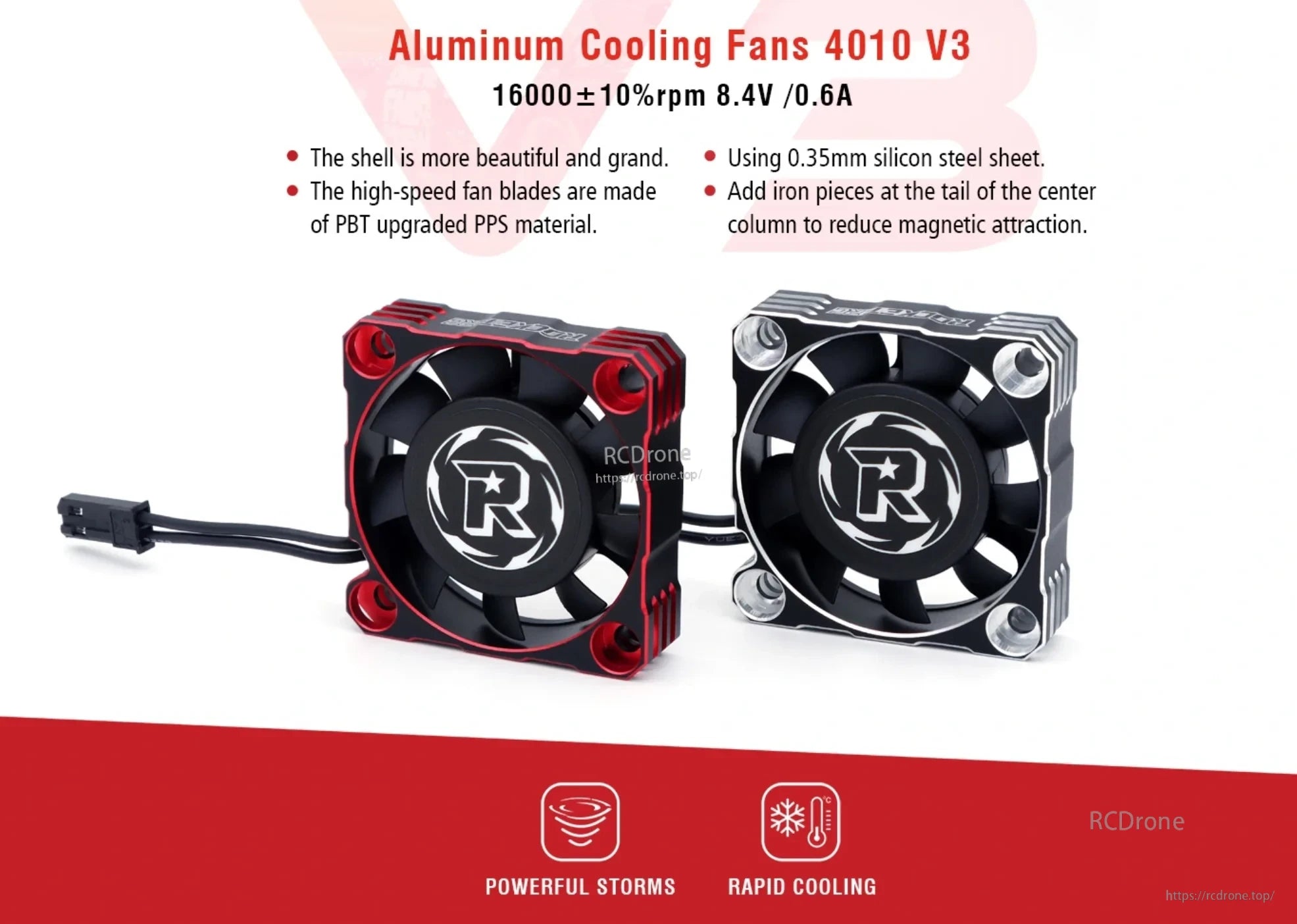 Rocket-RC 4010 V3 aluminum cooling fans in red and silver, rated 16000 rpm at 8.4V