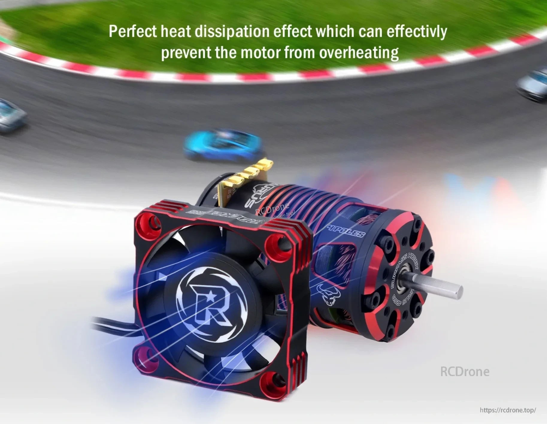 Rocket-RC aluminum cooling fan mounted around an RC car motor for airflow cooling