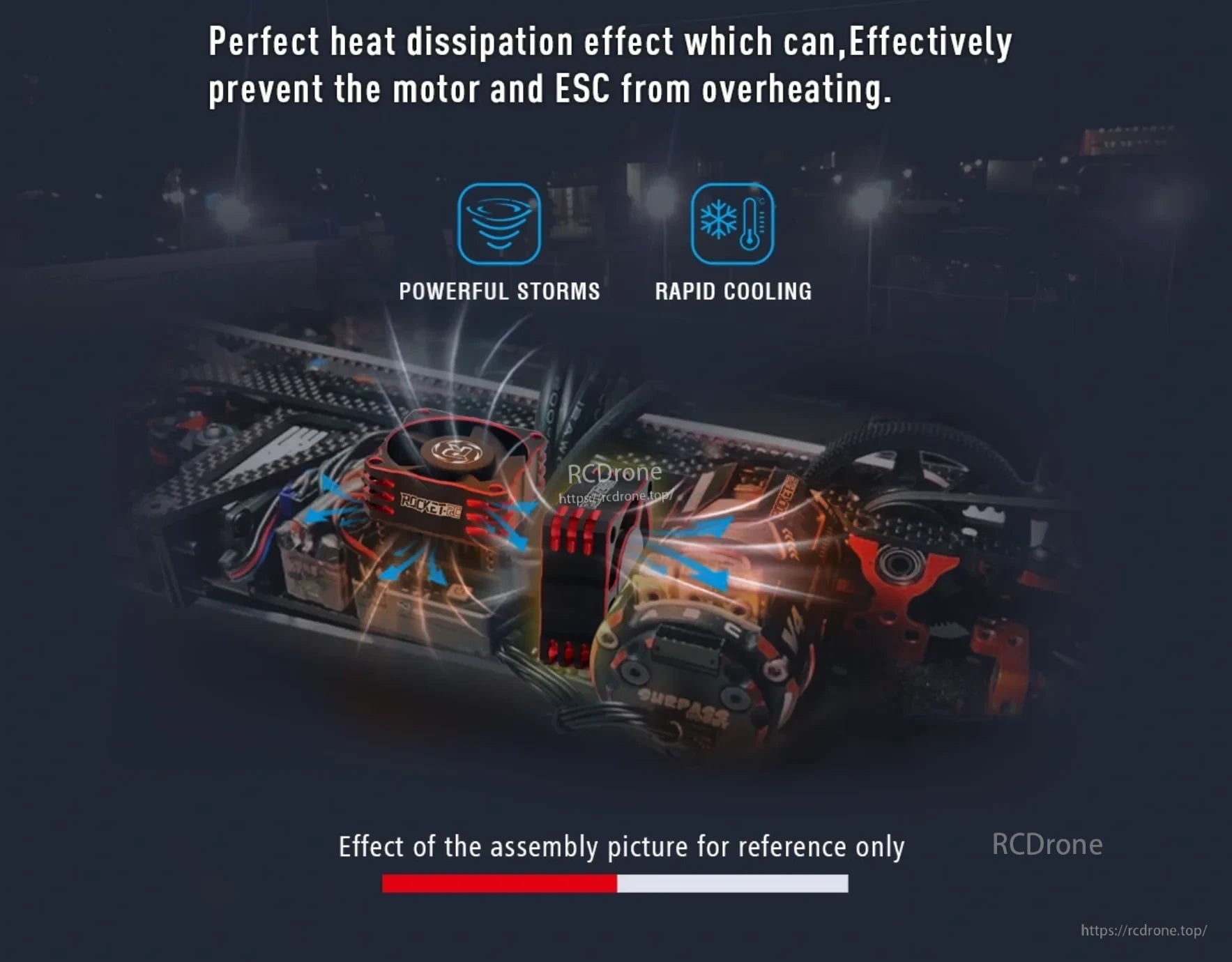 RC car chassis installation reference with cooling fans positioned near the motor and ESC