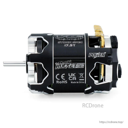Side view of Rocket-RC motor with 17.5T stock-spec marking and CE, UKCA, RoHS symbols