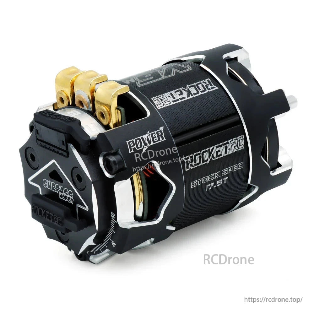 Rear angled view showing sensor connector, gold phase terminals, and 17.5T motor label