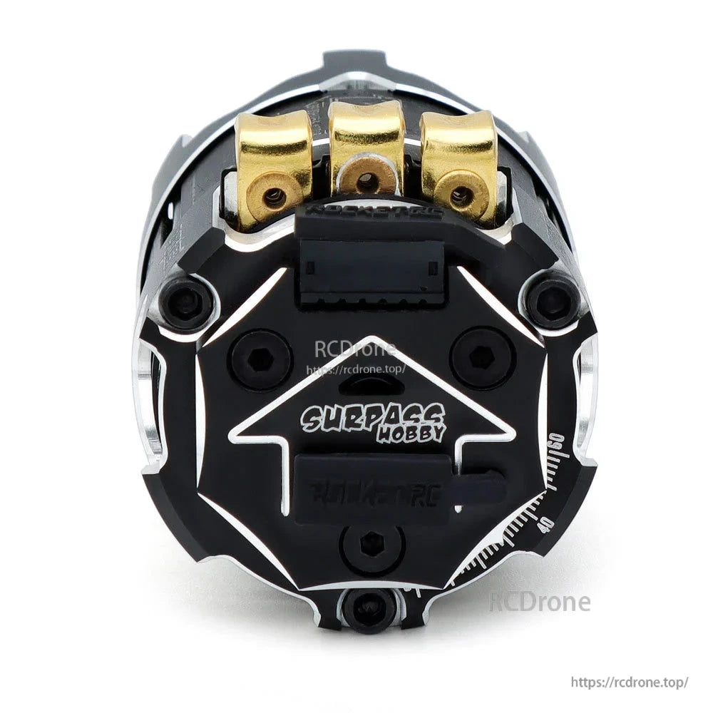 Close-up of rear end cap with sensor connector and three gold phase terminals