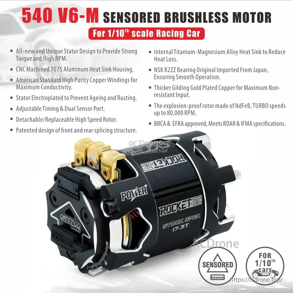 Rocket-RC 540 V6-M sensored motor feature overview with adjustable timing and heat-sink housing