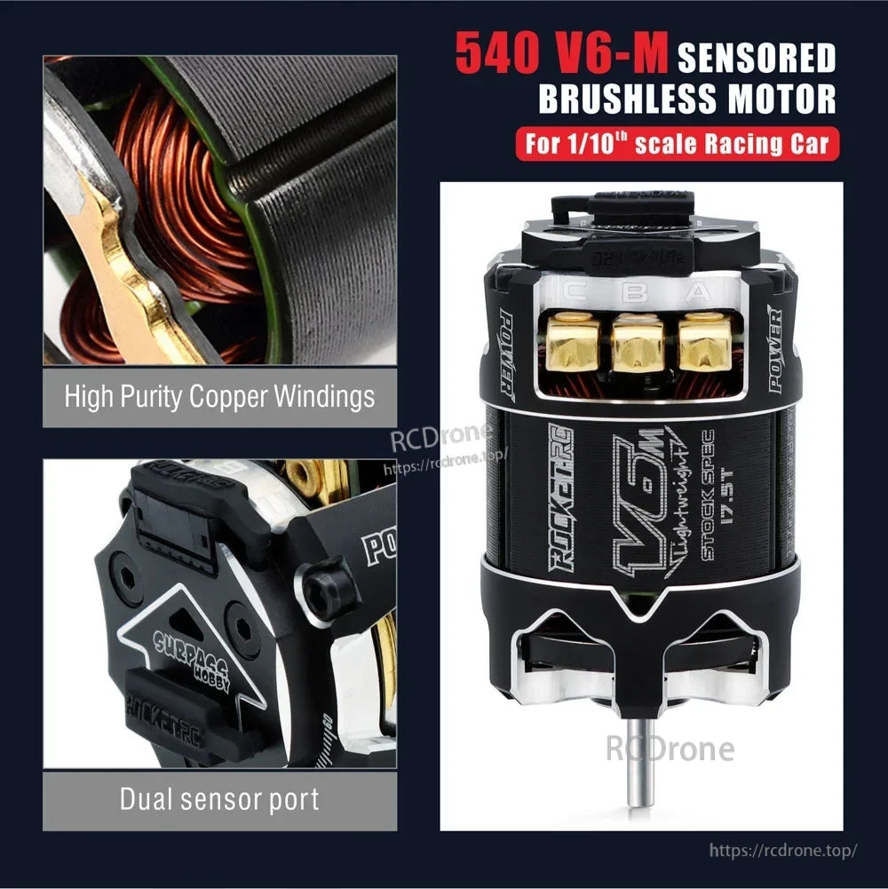 Rocket-RC V6-M motor with gold-plated terminals, copper windings and dual sensor ports