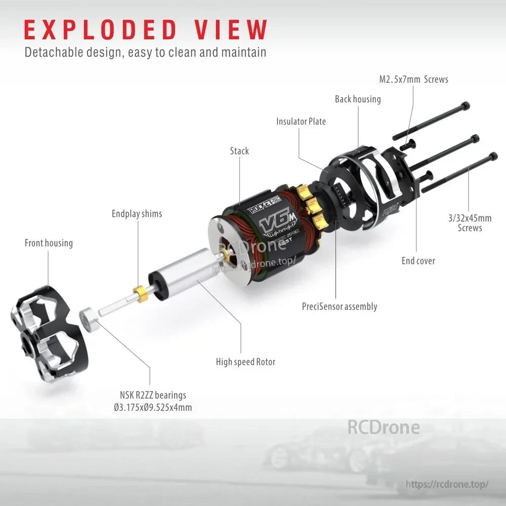 Exploded view of the detachable Rocket-RC motor housing, rotor, bearings and sensor assembly